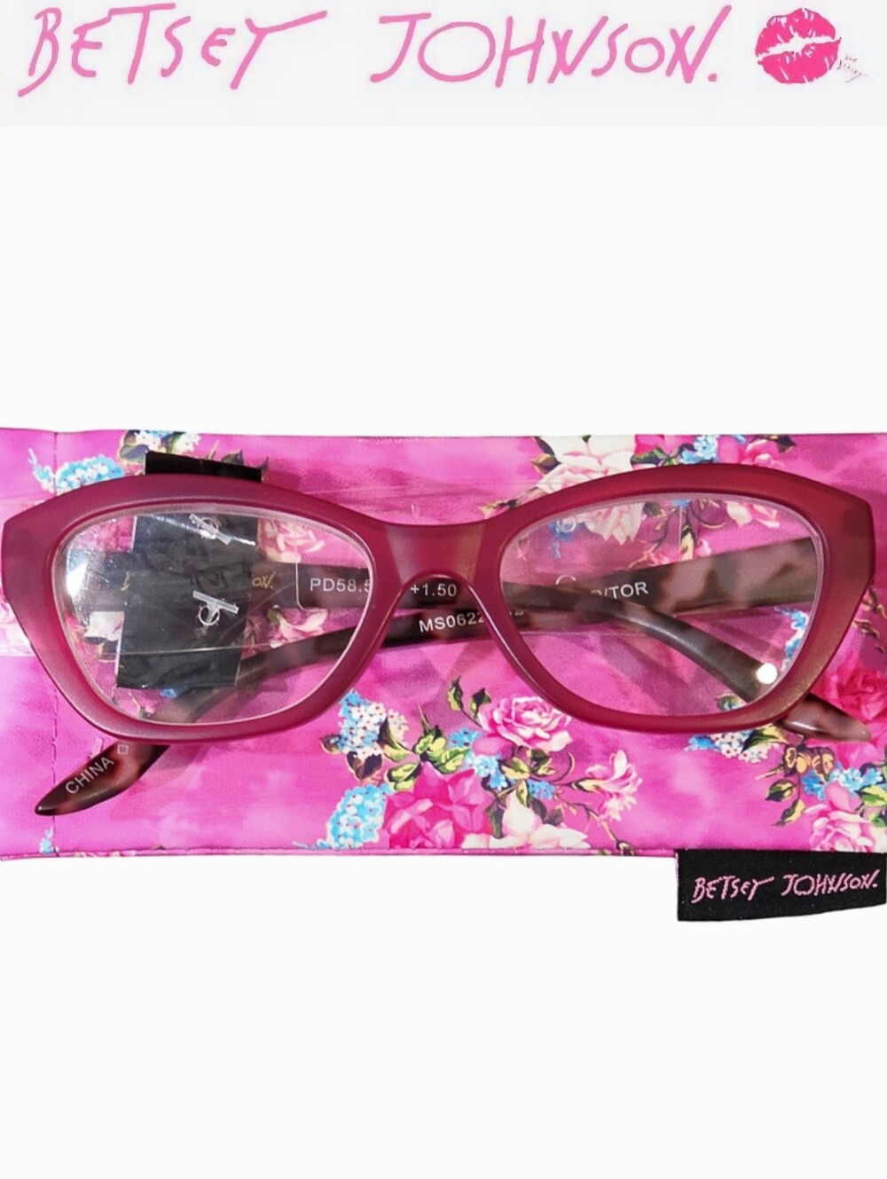 Betsey Johnson Cat-Eye Solid/Tortoise Reading Glasses w/Floral Pouch
